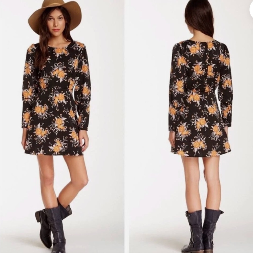 Free People Parker Floral Dress Long Sleeve Black Orange Boho Mini Size 8